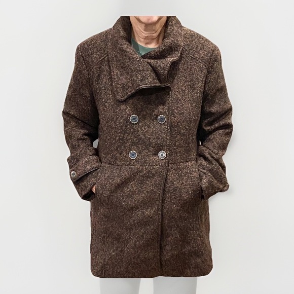 Steve Madden Wool Blend Coat size Lg Double Breasted Brown Hand Pockets - Picture 1 of 11